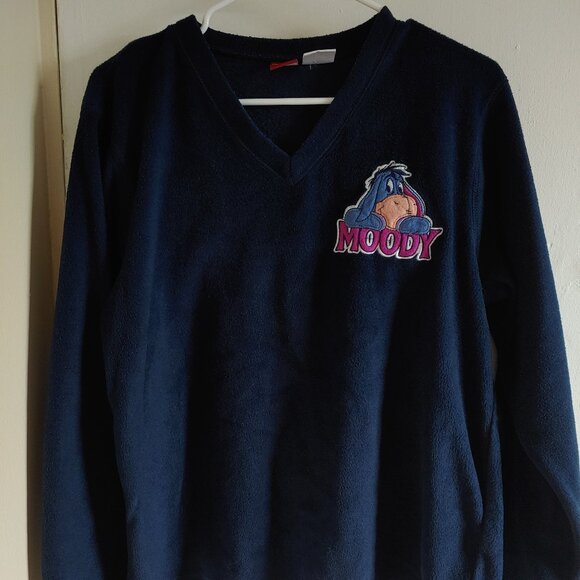 Disney Eeyore Moody Sweatshirt Womens Large V Neck Navy Blue Embroidered Fleece - Picture 1 of 8